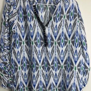 Chico's Blue and Green Geometric Blouse sz. 6 beaded draw string sleeves